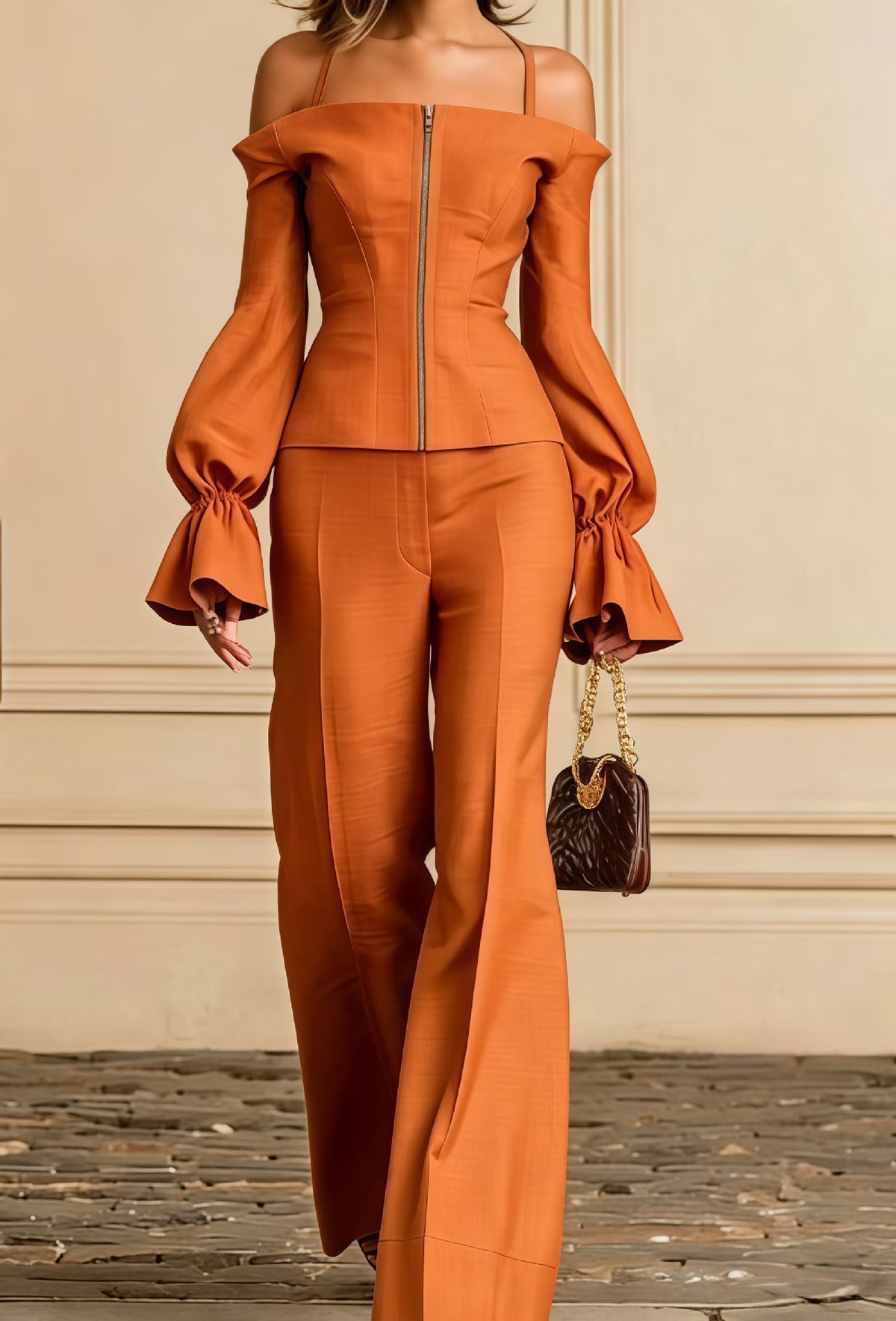 Women's Elegant Two Piece Bell Sleeve Wide Leg Pant Set