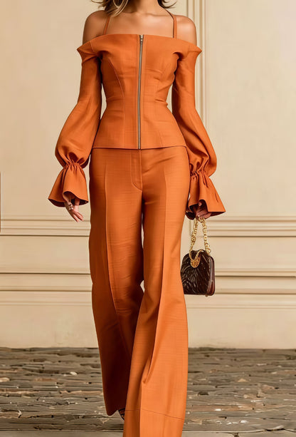Women's Elegant Two Piece Bell Sleeve Wide Leg Pant Set