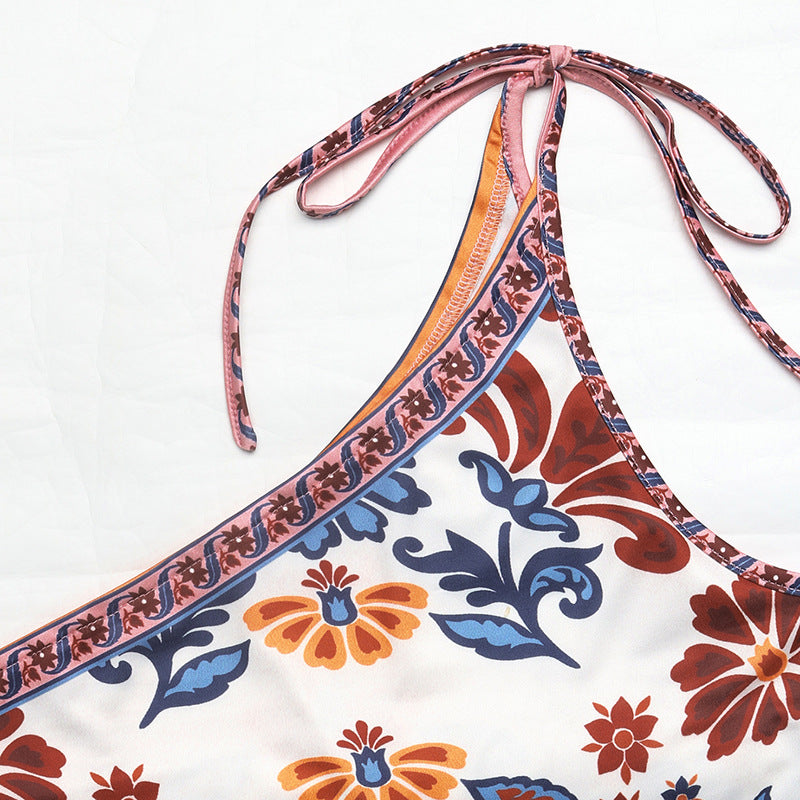 Boho Floral One Shoulder Bodysuit Tie Strap Top