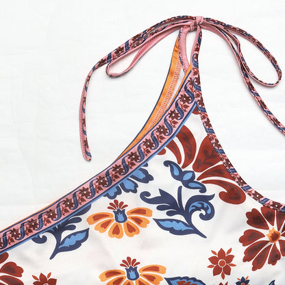 Boho Floral One Shoulder Bodysuit Tie Strap Top