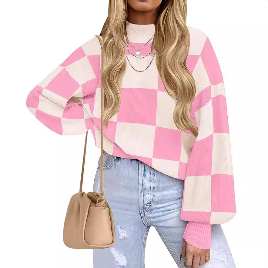 Women's Checkered Mock Neck Balloon Sleeve Sweater