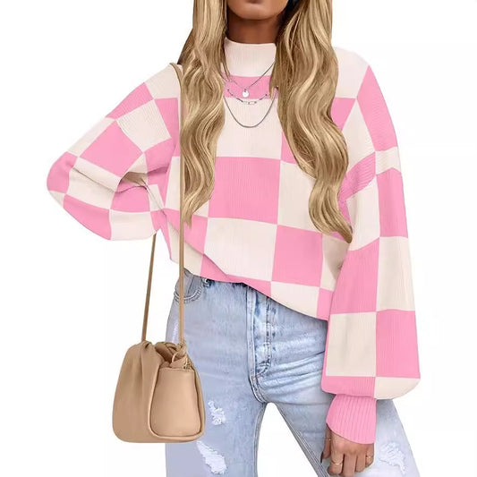 Women's Checkered Mock Neck Balloon Sleeve Sweater