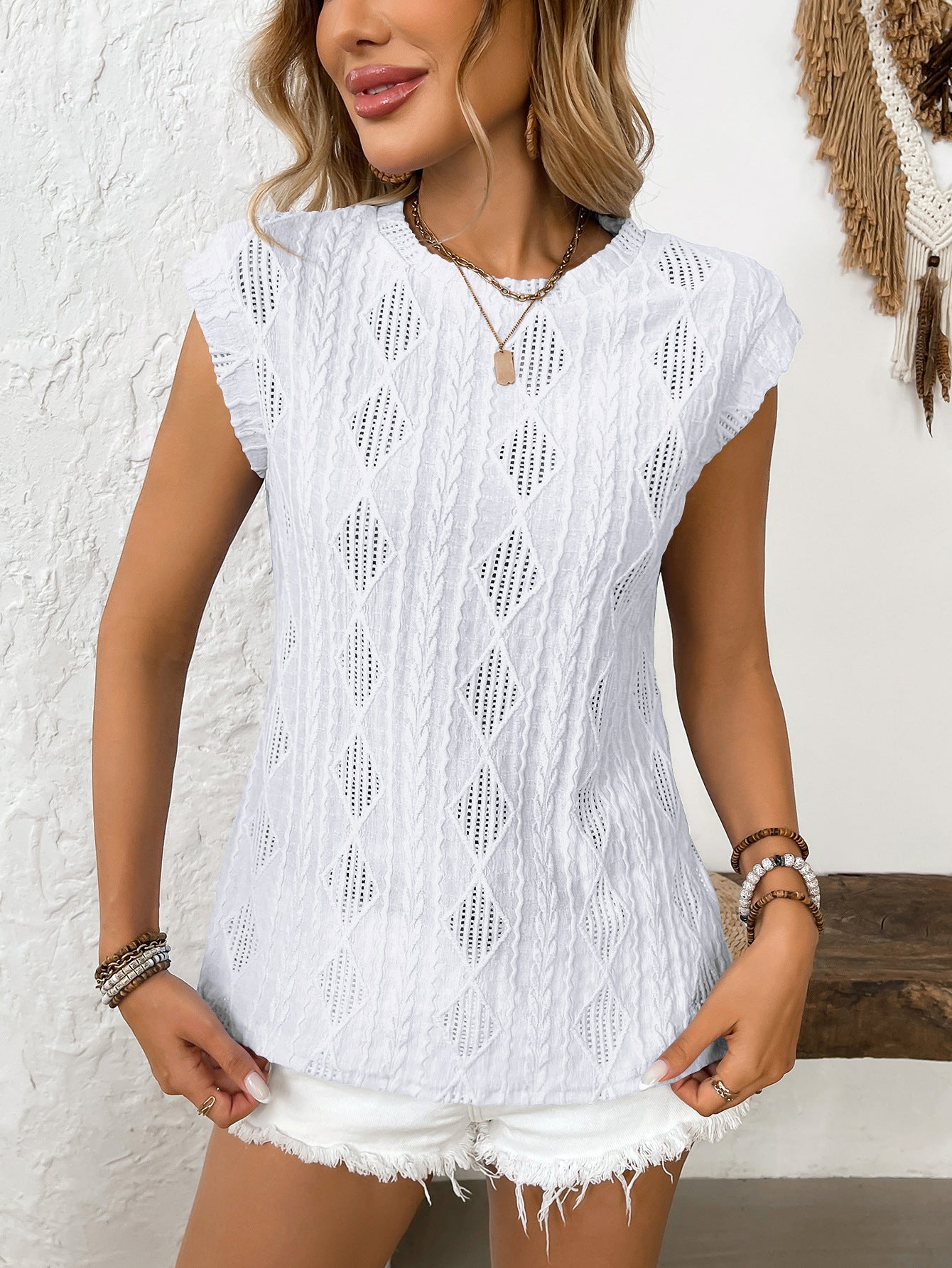 Women's Jacquard Sleeveless Top – Casual Summer Tank Blouse