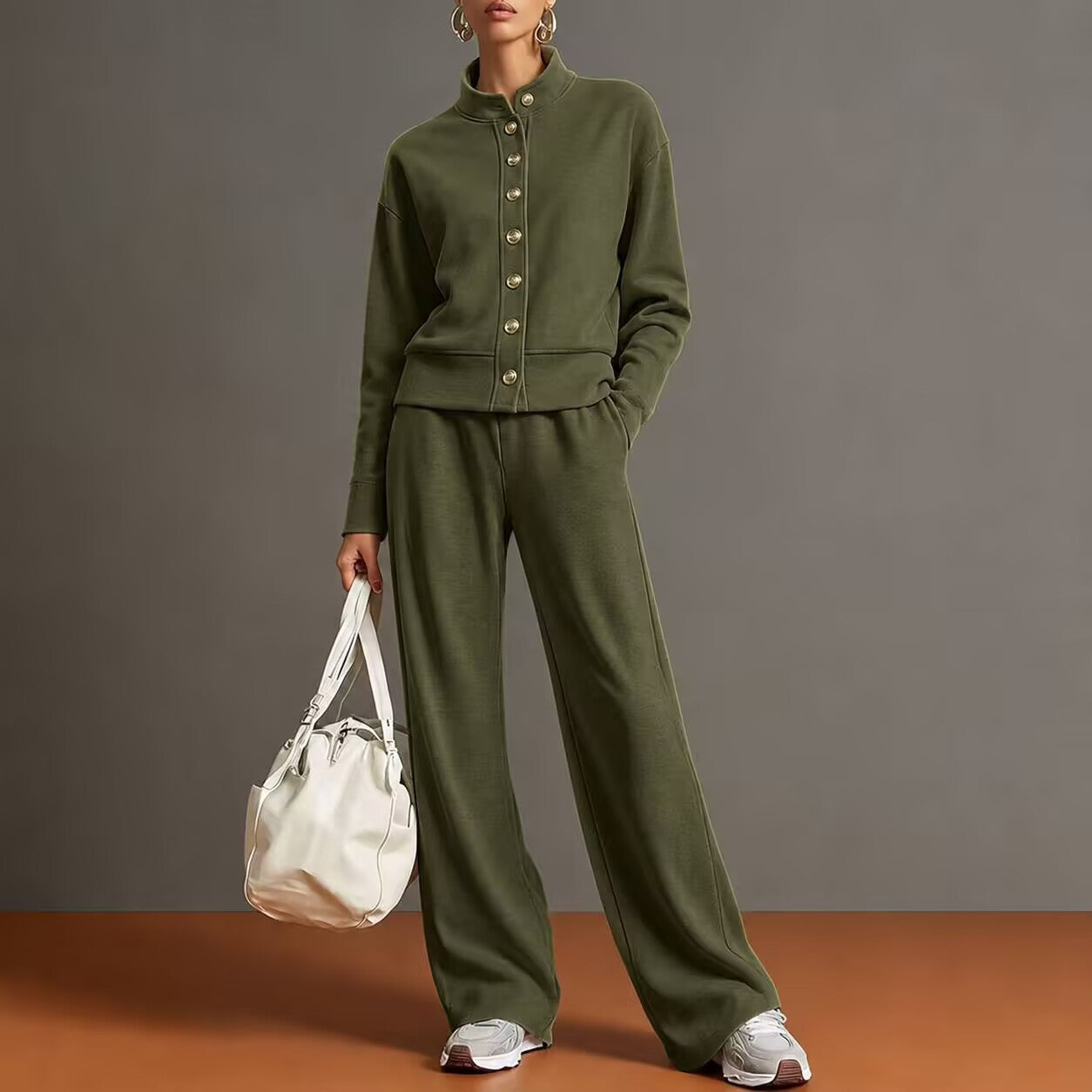 Women's Button Front Sweatshirt Wide Leg Pants Lounge Set