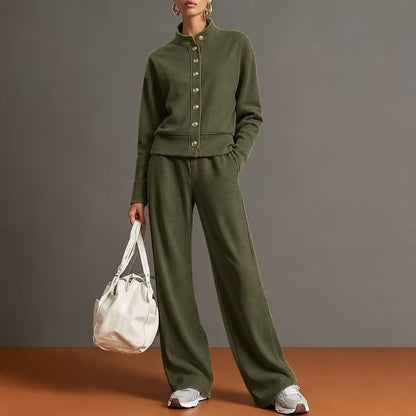 Women's Button Front Sweatshirt Wide Leg Pants Lounge Set
