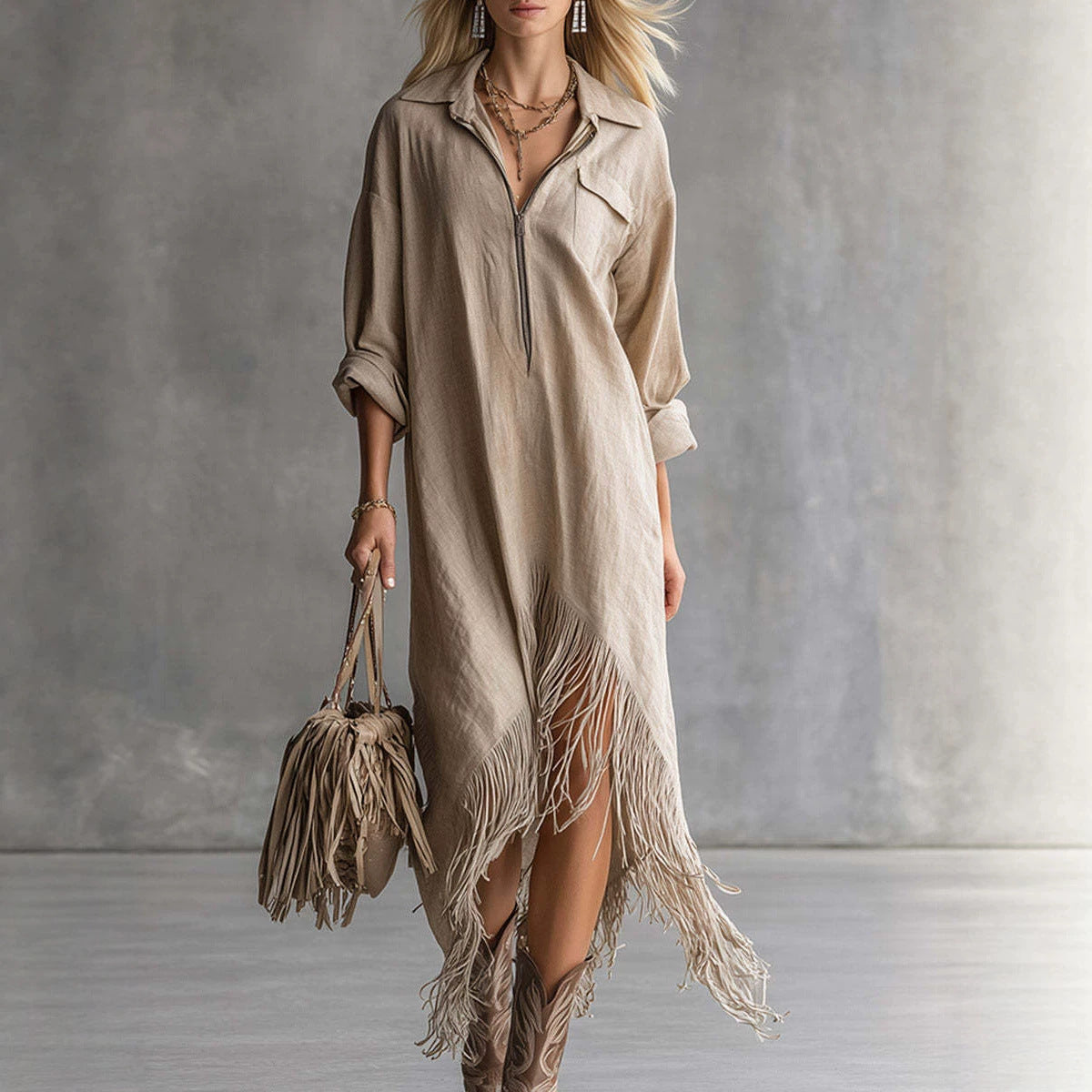 Women's Western Fringe Shirt Dress Asymmetrical Midi Boho