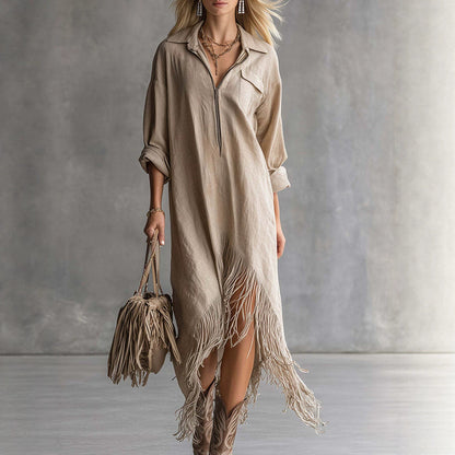Women's Western Fringe Shirt Dress Asymmetrical Midi Boho
