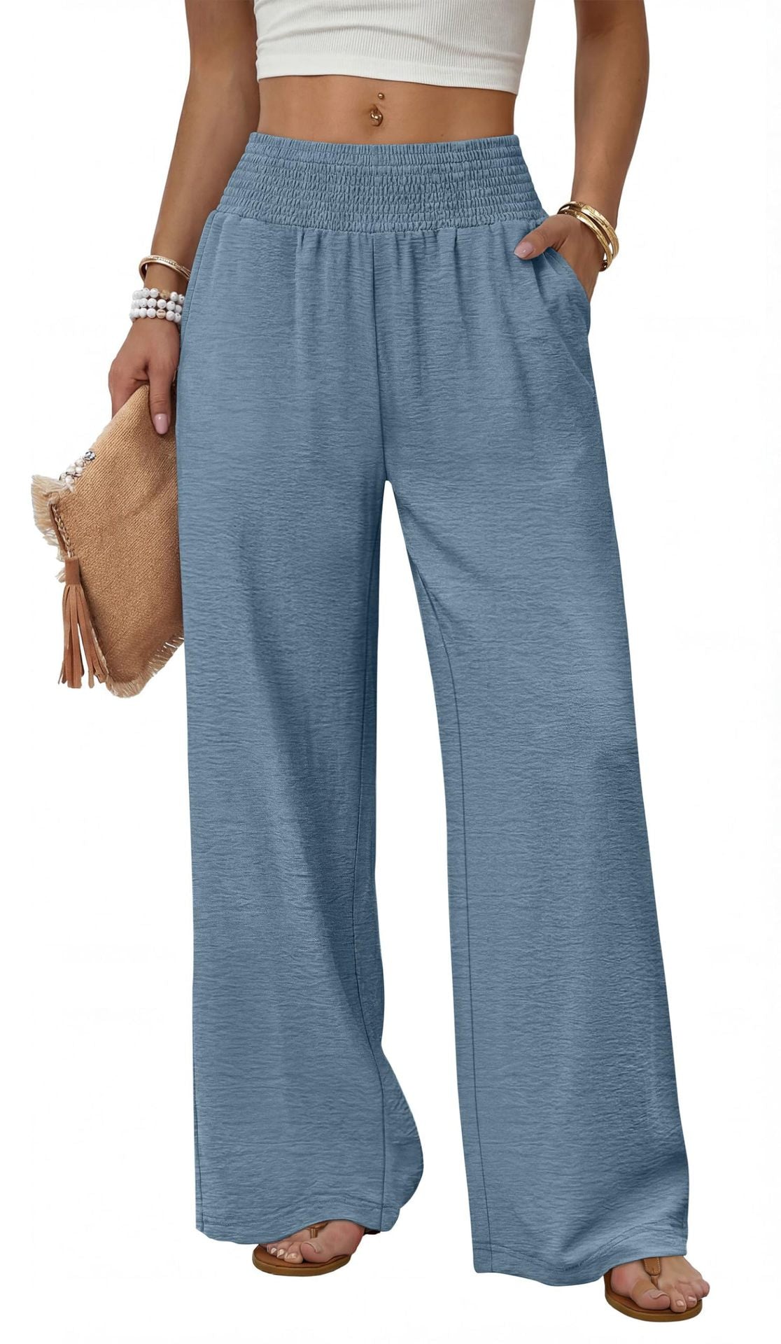 Women High Waisted Wide Leg Smocked Casual Pants
