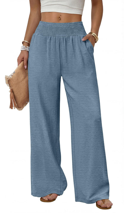 Women High Waisted Wide Leg Smocked Casual Pants