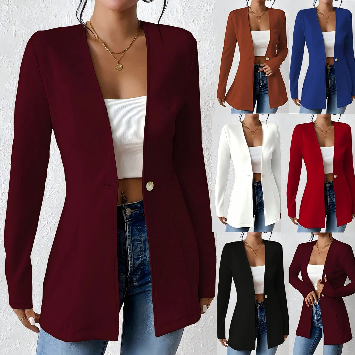 Women's Casual V-Neck One Button Solid Blazer Jacket