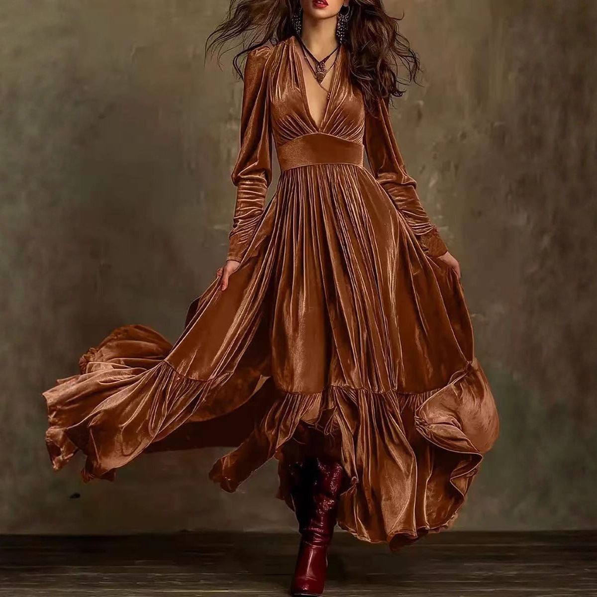 Women's Velvet Tiered Maxi Dress V Neck Long Sleeve