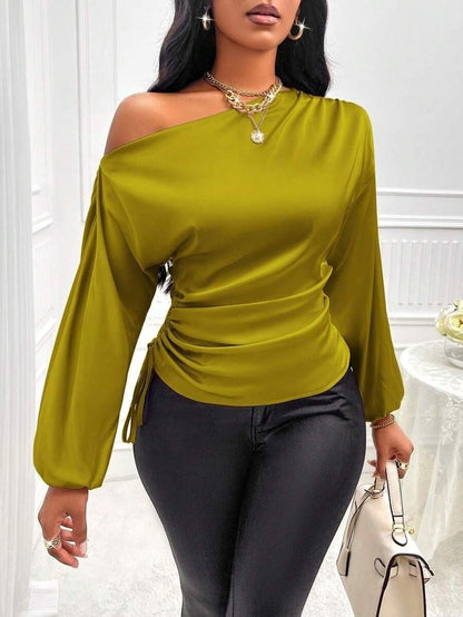 Women's Satin One Shoulder Long Sleeve Ruched Top