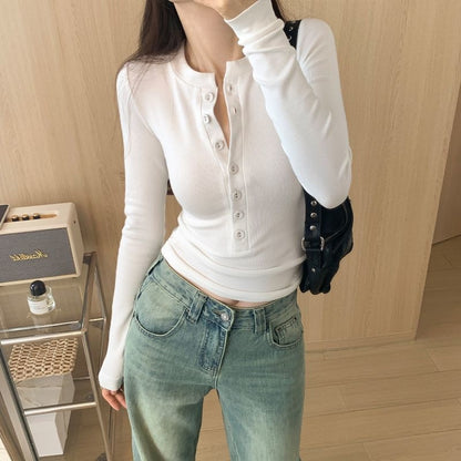 Women's Ribbed Long Sleeve Fitted Button Henley Top