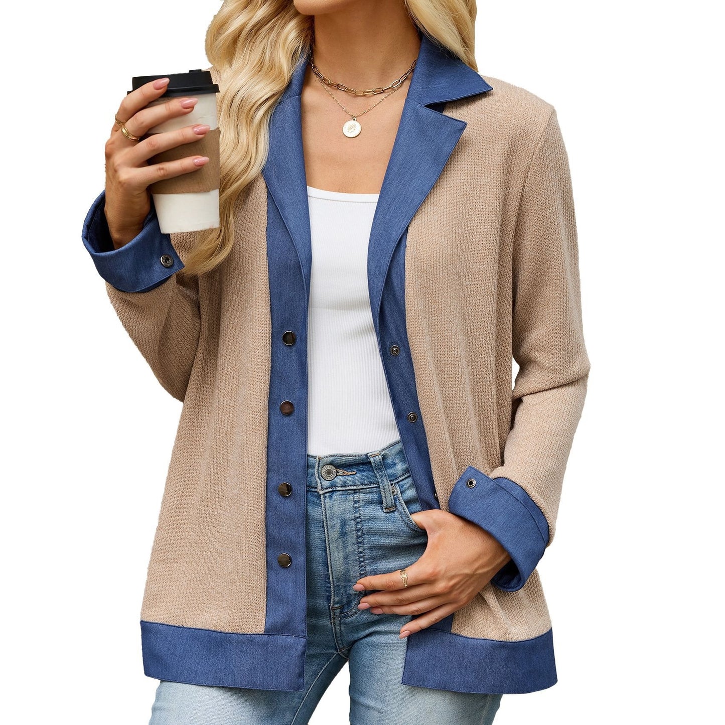 Women's Denim Contrast Knit Cardigan Button Front Jacket