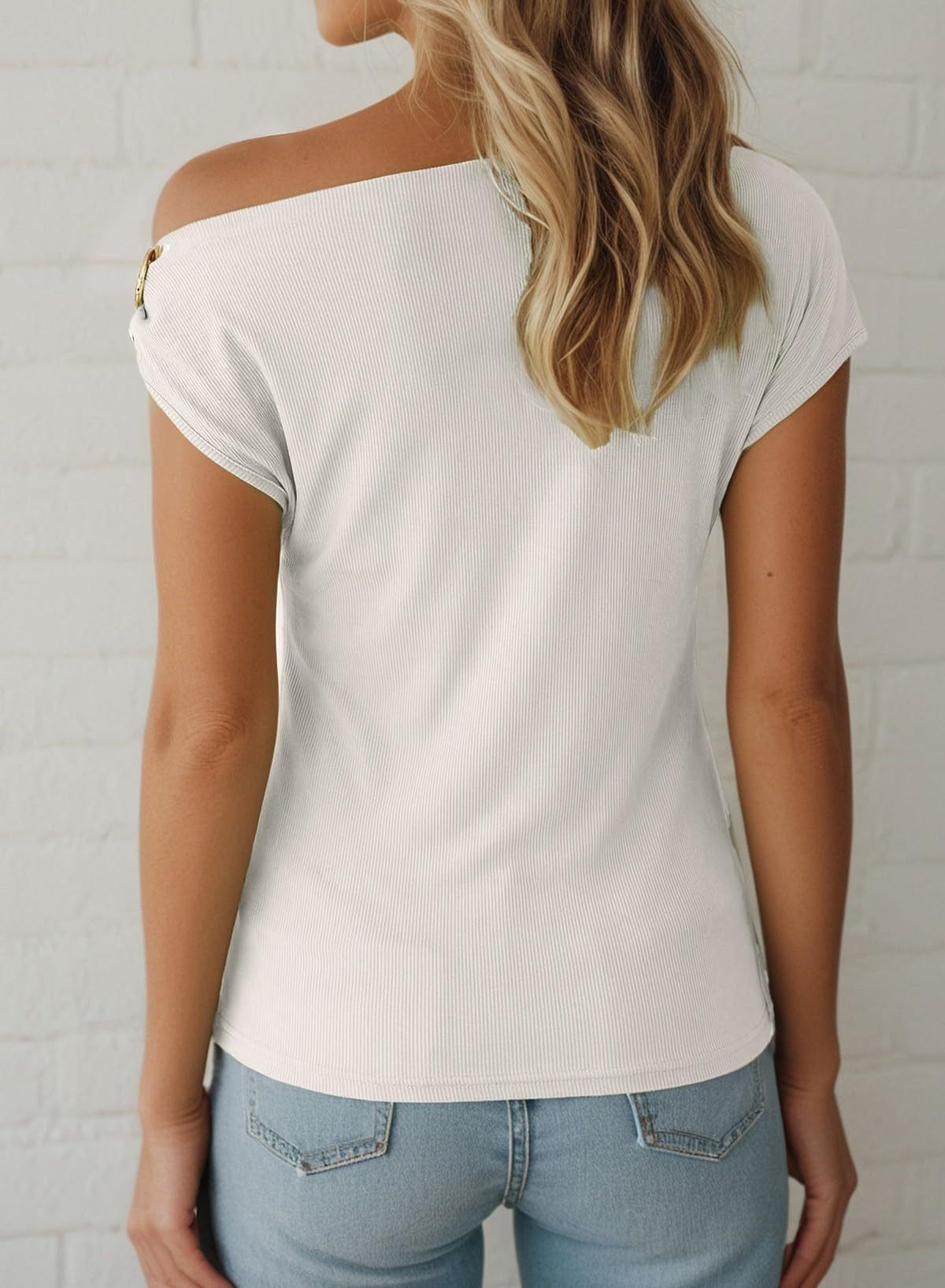 Ribbed One Shoulder Top Metal Buckle Slim Tee