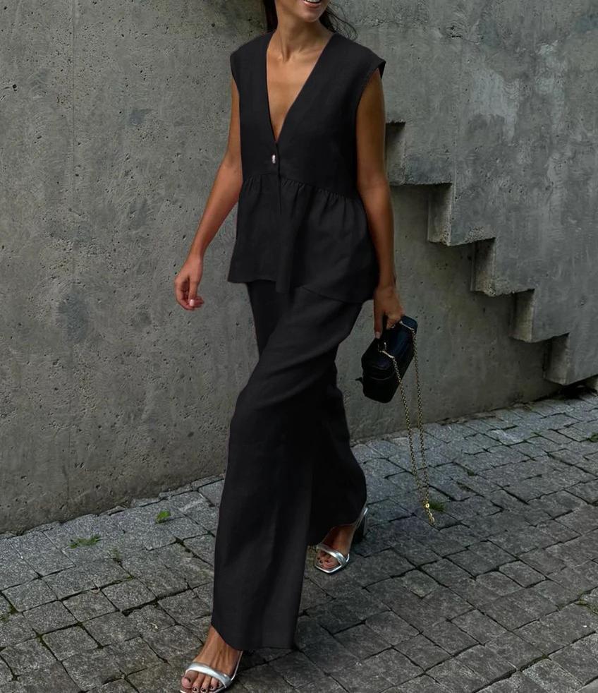 Women's Two Piece V-Neck Vest Pants Set Sleeveless Solid