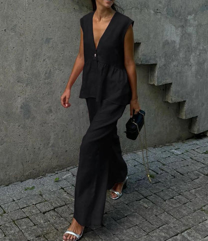 Women's Two Piece V-Neck Vest Pants Set Sleeveless Solid