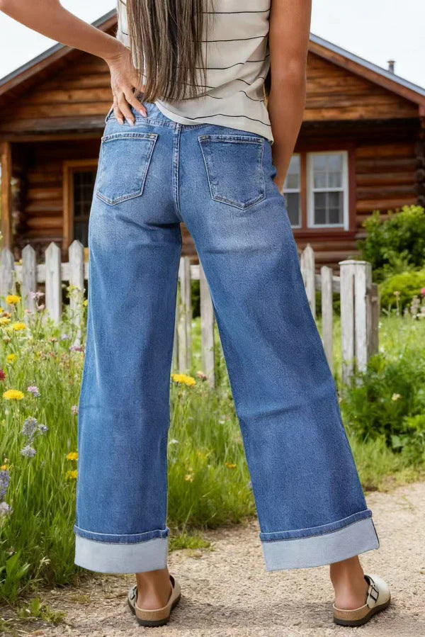 High Rise Cuffed Wide Leg Distressed Jeans