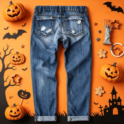 Women's Halloween Patch Jeans Distressed Straight Denim