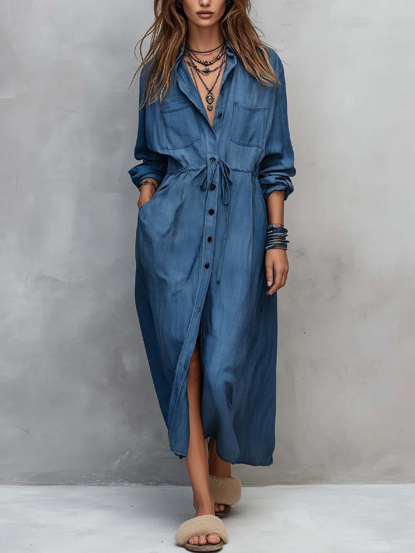 Women Long Sleeve Button Down Shirt Dress Drawstring Midi