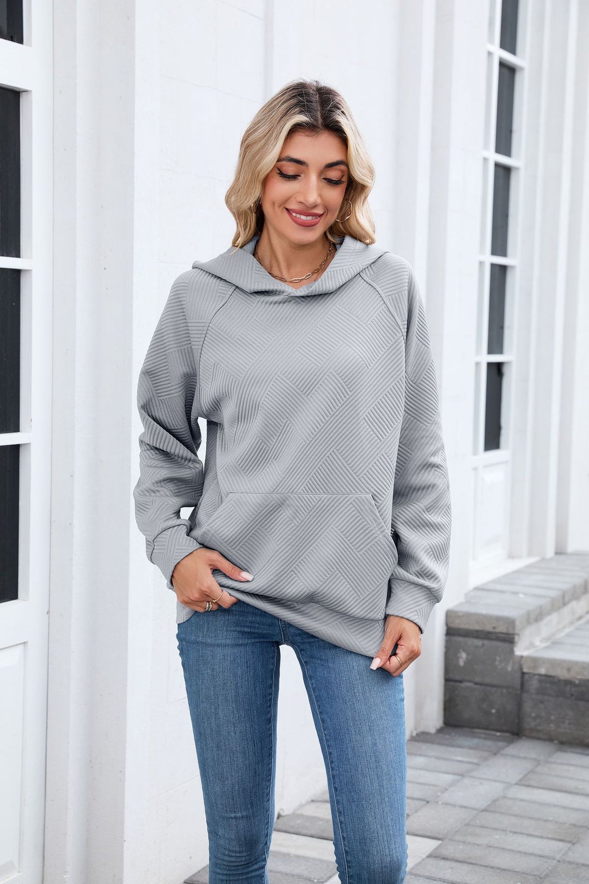 Women's Oversized Textured Hoodie Pullover with Pocket