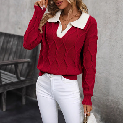 Women's Cable Knit Collared V-Neck Pullover Sweater