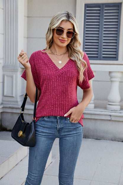 Solid Ribbed Knit Top V Neck Short Sleeve Casual Tee