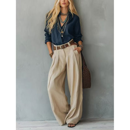 Women's Two Piece Button Down Shirt & Wide Leg Pants Set