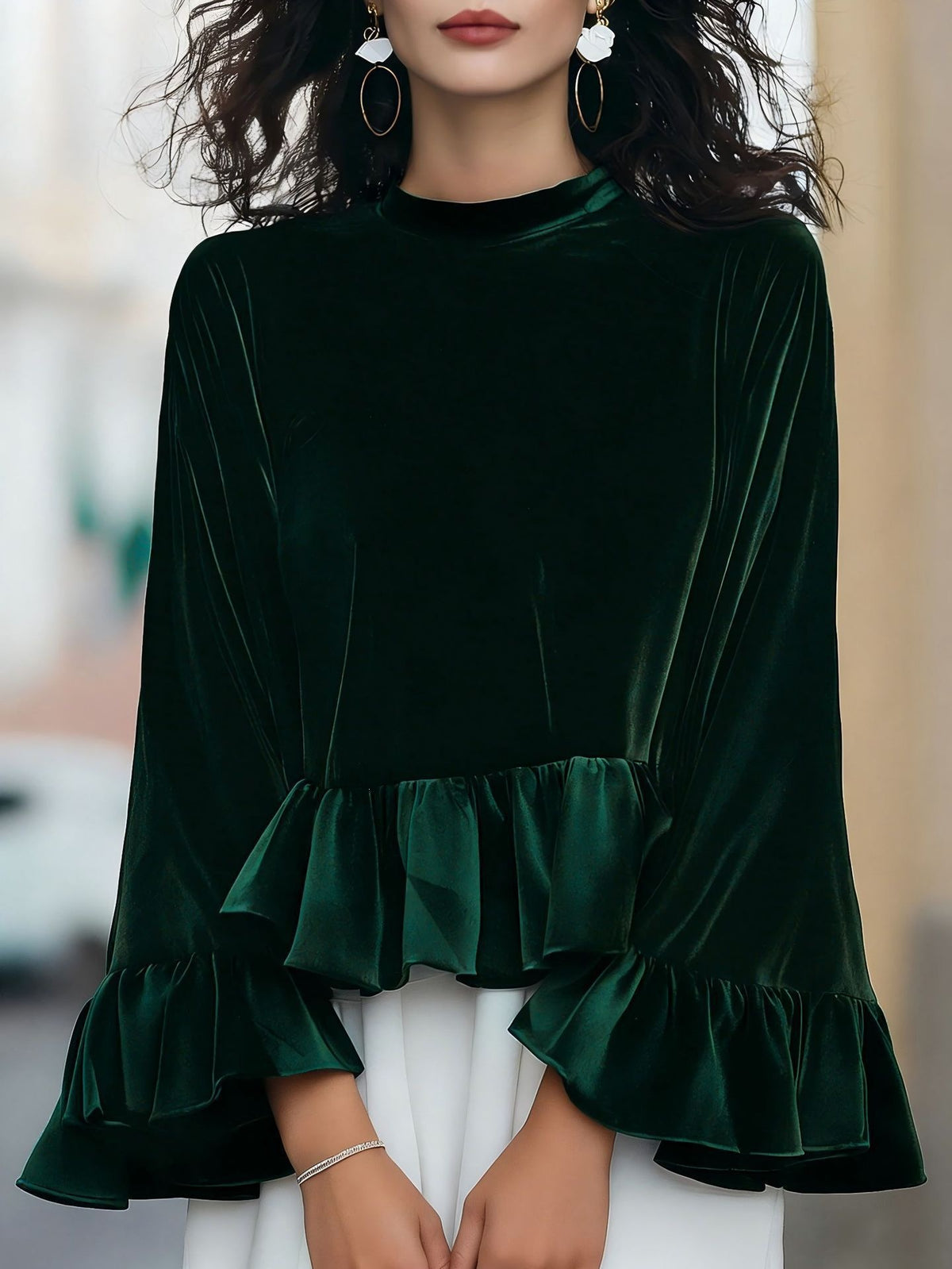 Women's Velvet Peplum Ruffle Long Sleeve Top