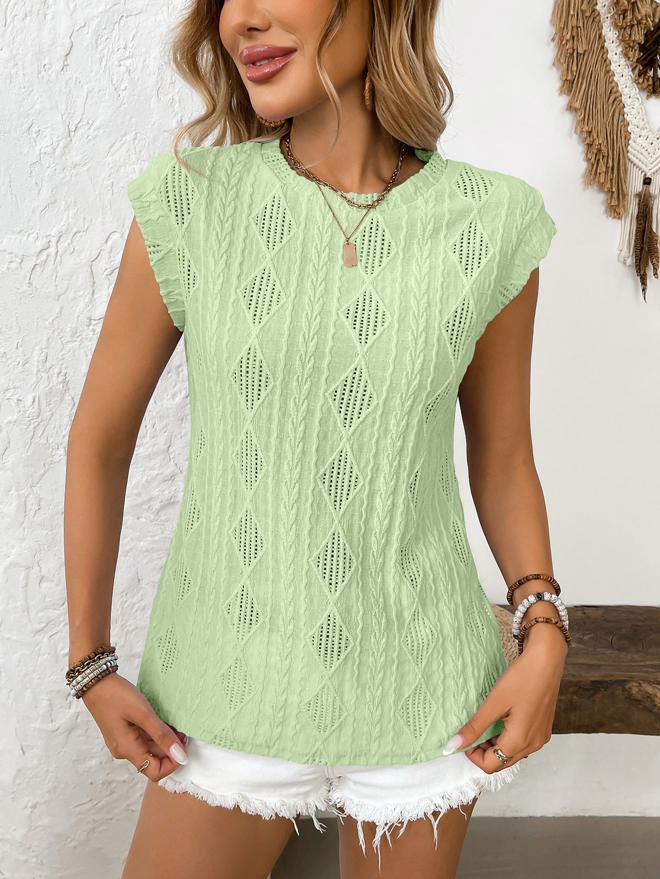 Women's Jacquard Sleeveless Top – Casual Summer Tank Blouse