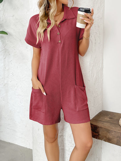 Ribbed Collared Button Romper Loose Pocket Lounge Outfit