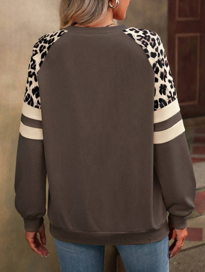 Leopard Colorblock Sweatshirt Women Casual Pullover Top