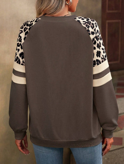 Leopard Colorblock Sweatshirt Women Casual Pullover Top