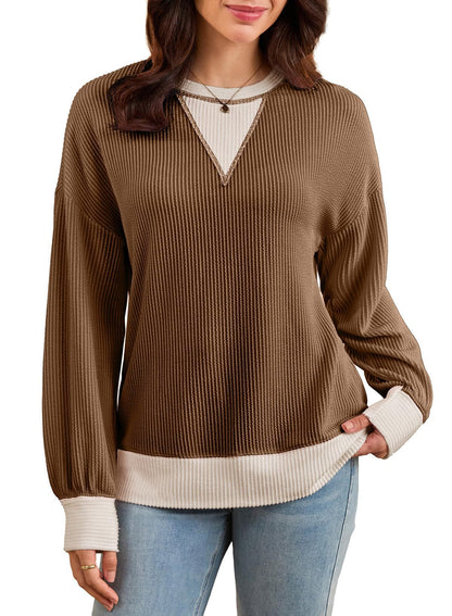 Colorblock Ribbed Sweatshirt Women Casual V Neck Pullover
