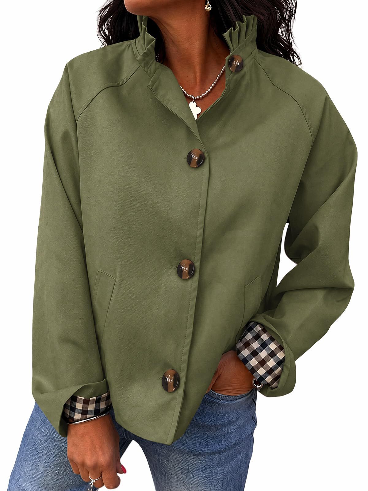 Women's Ruffle Stand Collar Button Front Jacket