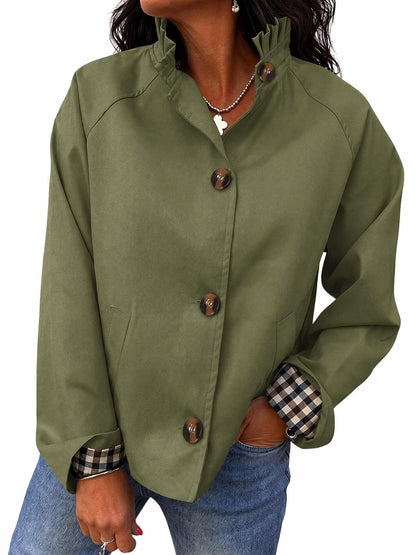 Women's Ruffle Stand Collar Button Front Jacket