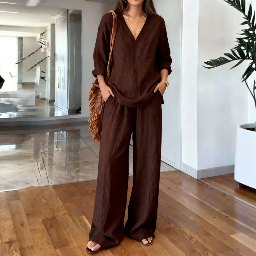 Women's V Neck Lounge Set Wide Leg Pants 2 Piece