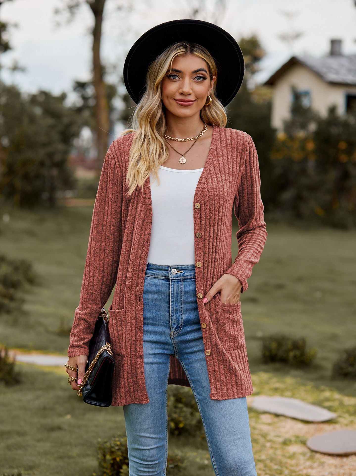 Ribbed Knit Cardigan Long Sleeve Button Pocket Sweater