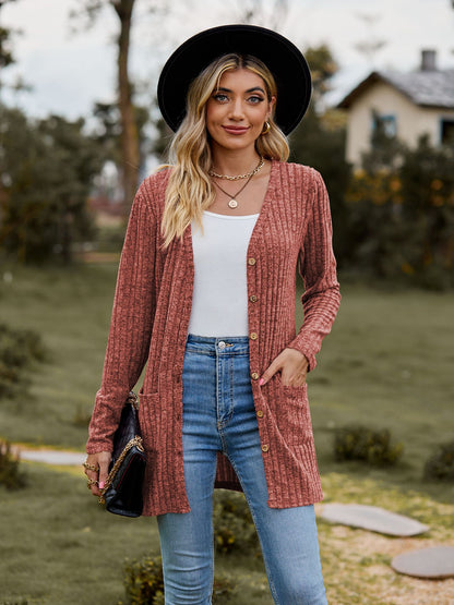 Ribbed Knit Cardigan Long Sleeve Button Pocket Sweater