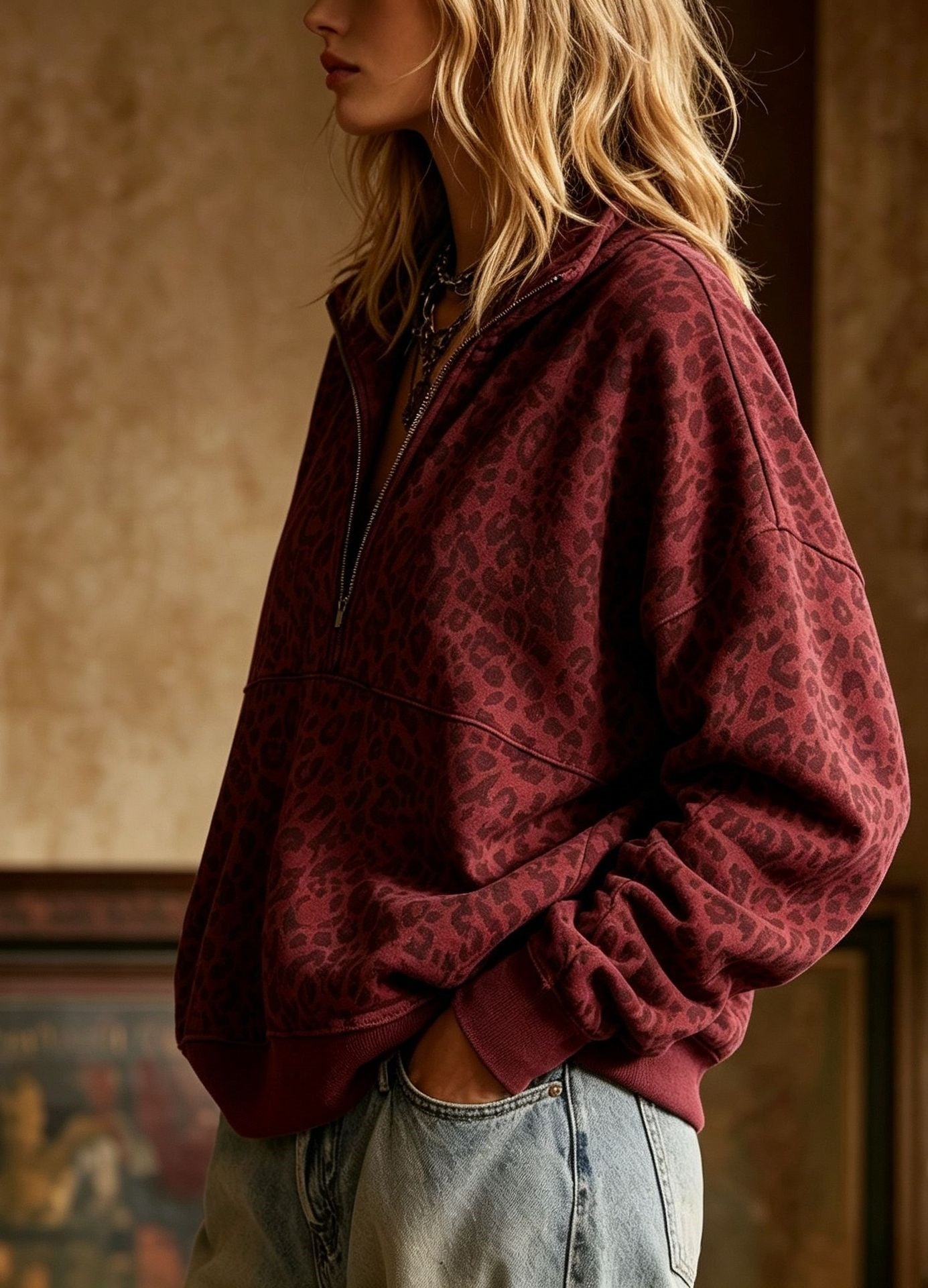 Leopard Print Half Zip Oversized Pullover Sweatshirt
