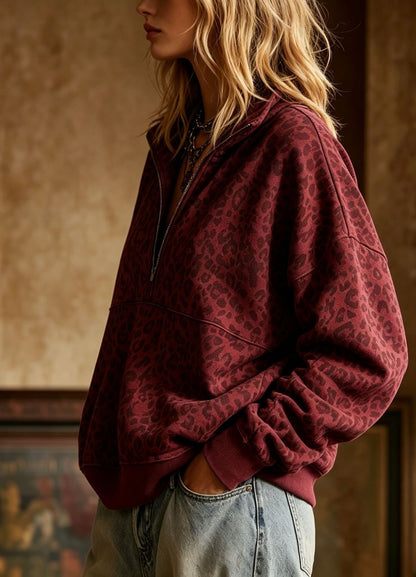 Leopard Print Half Zip Oversized Pullover Sweatshirt