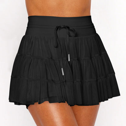 High-End Lace-Up Mesh Pleated Skirt Anti-Light Safety Pants Skirt