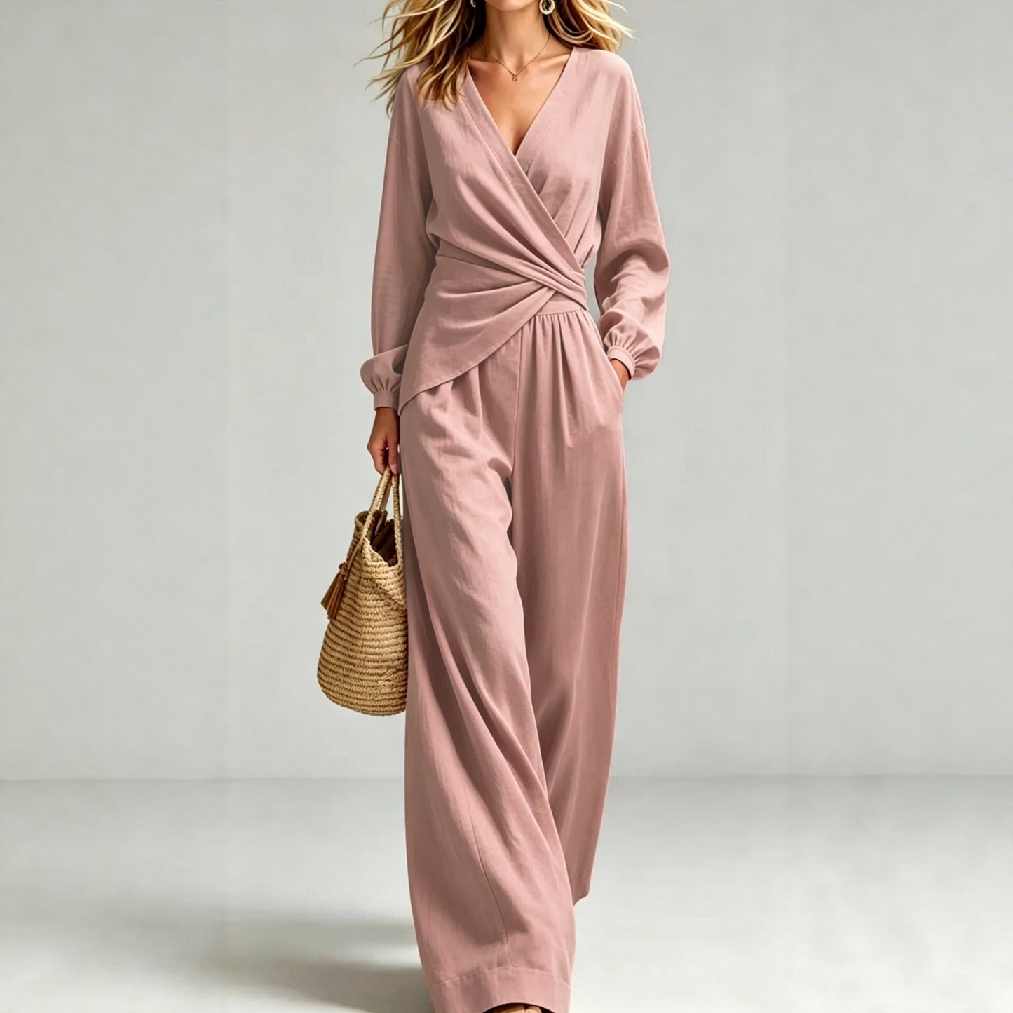 V Neck Wrap Top Wide Leg Pants Two Piece Set