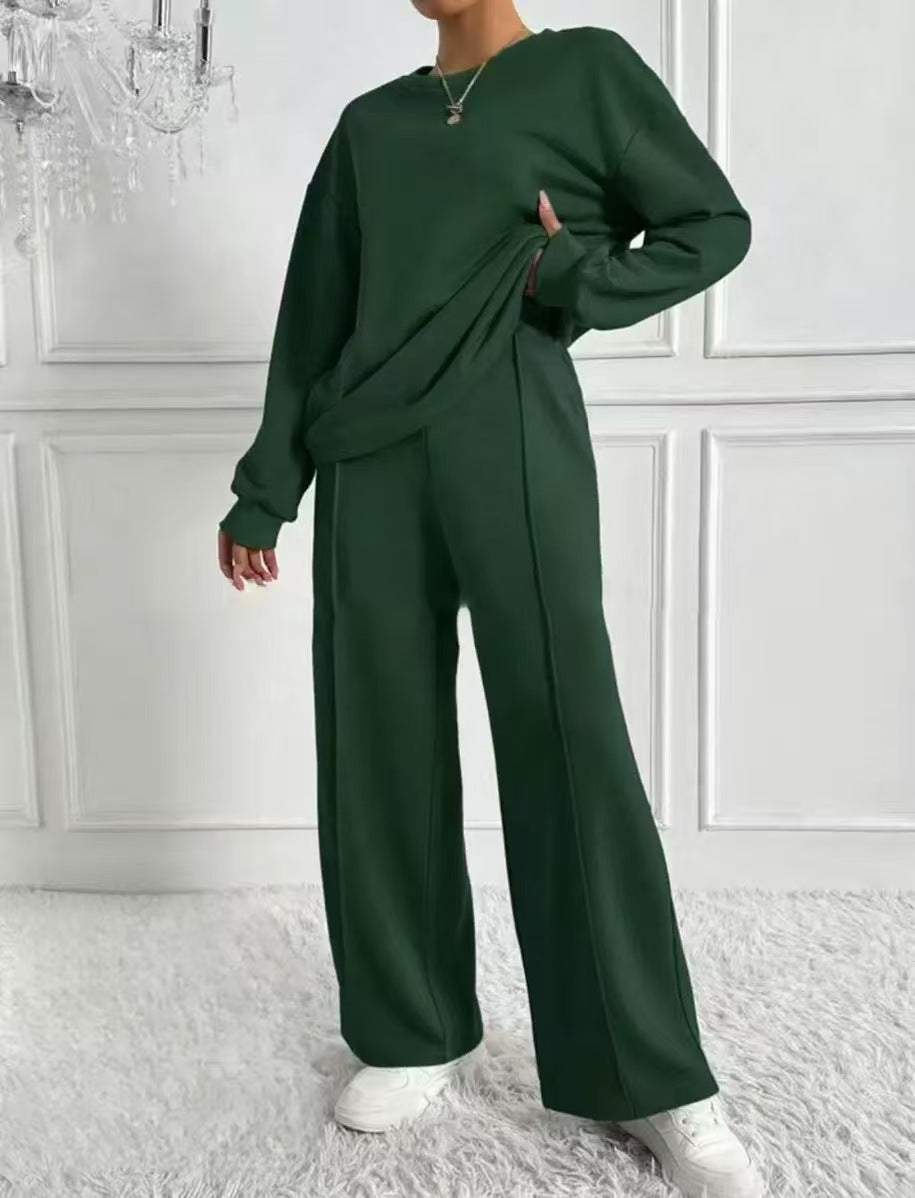 Women's Solid Crewneck Sweatshirt Wide Leg Pants Lounge Set