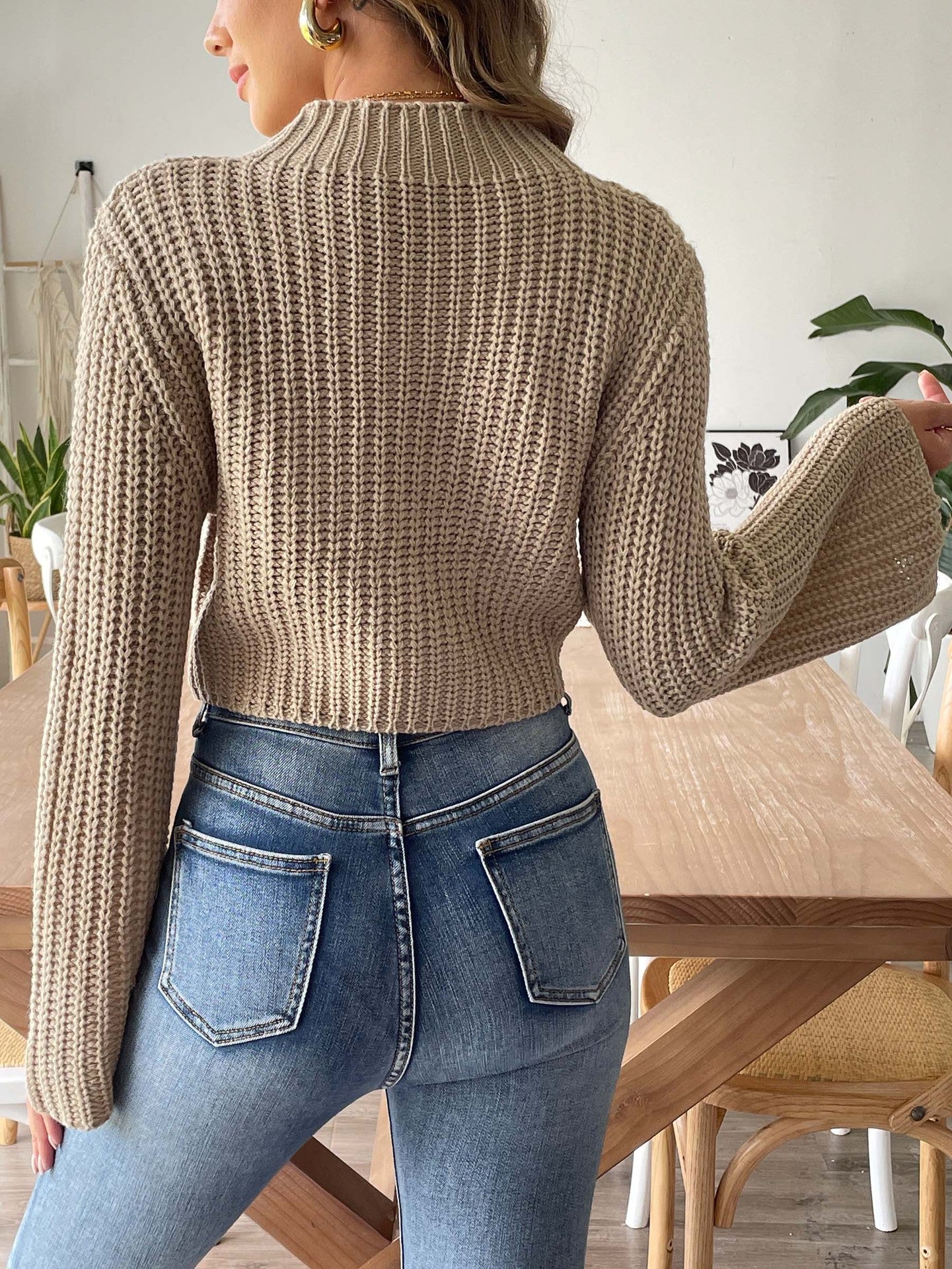 Women's Short Outcrop Top Flared Sleeve Semi-Turtleneck Sweater