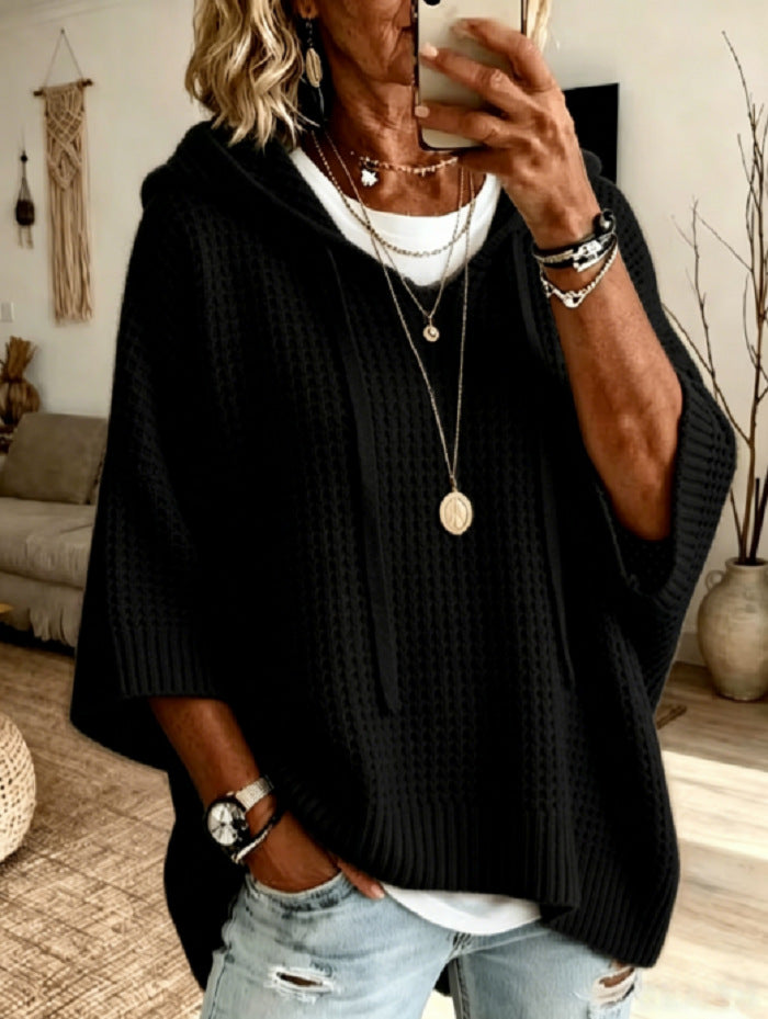 Oversized Hooded Textured Knit Pullover Sweater