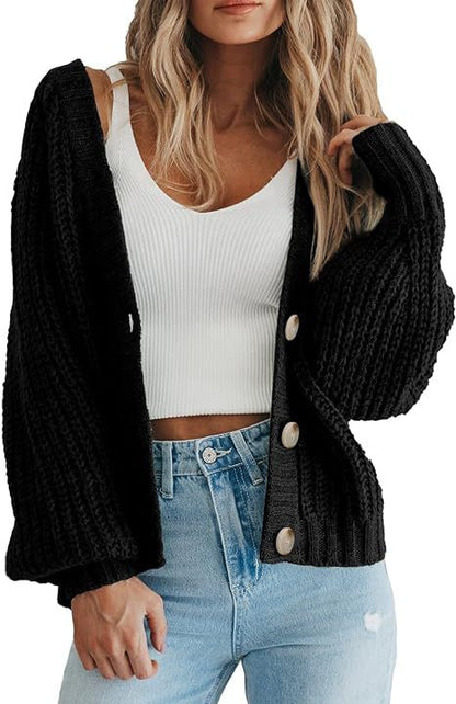 Chunky Knit Balloon Sleeve Button Cardigan