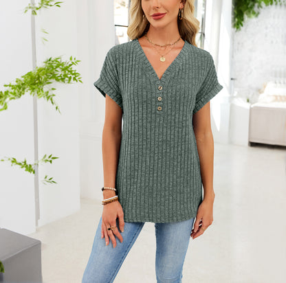 Ribbed Button V-Neck Top – Relaxed Fit Casual Summer Tee