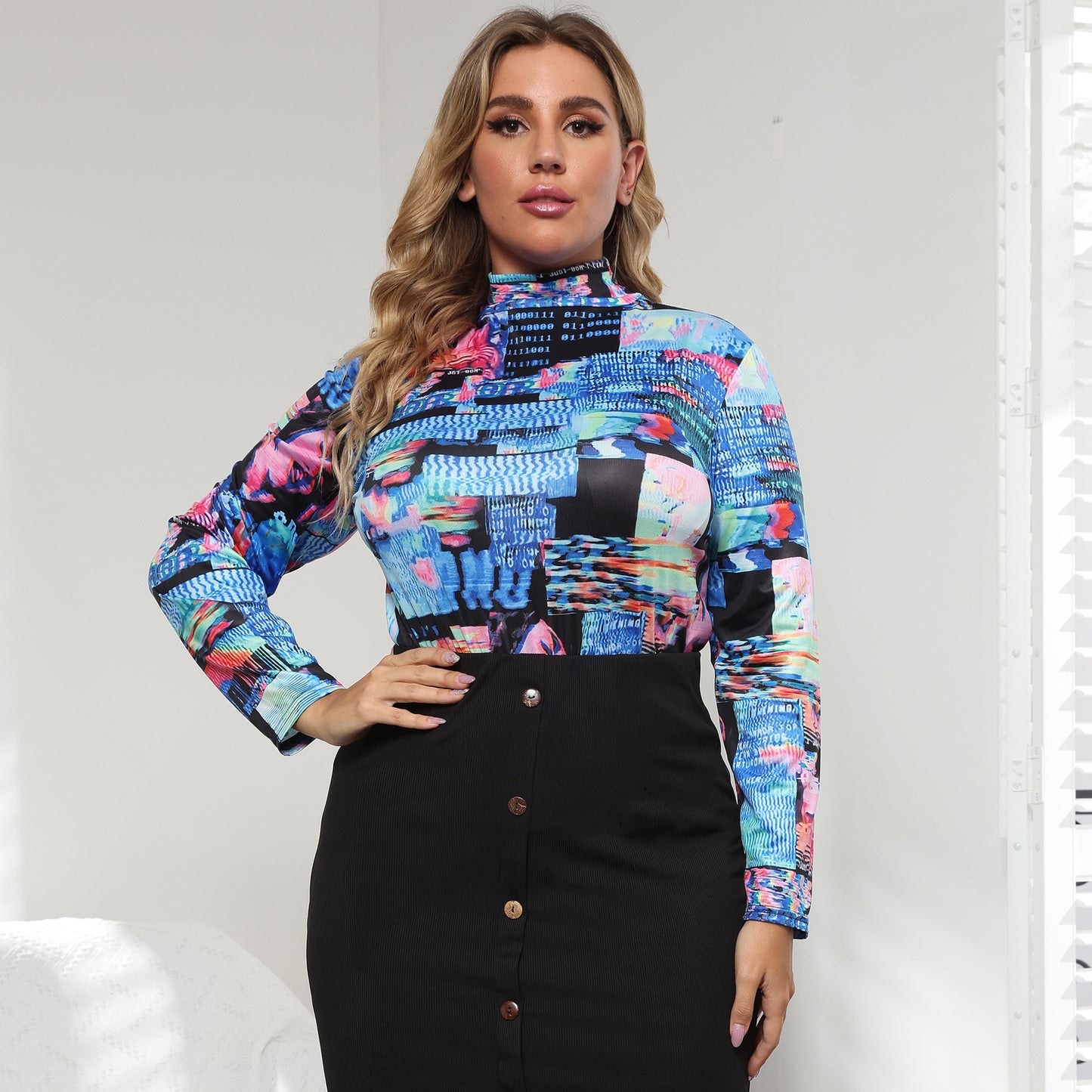 Women's Semi-turtleneck Fashion Printed Long Sleeve T-Shirt