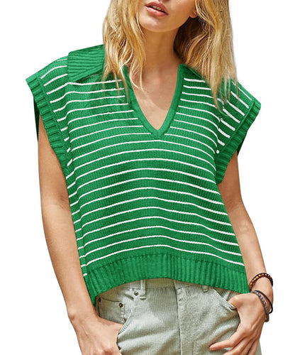 V-Neck Striped Knit Sweater, Casual Lapel Top